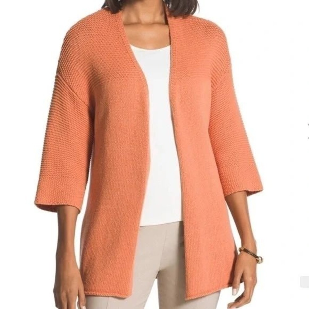Chicos Coral Orange Open Front Cardigan Textured Knit 3/4 Sleeve Size 1 or M